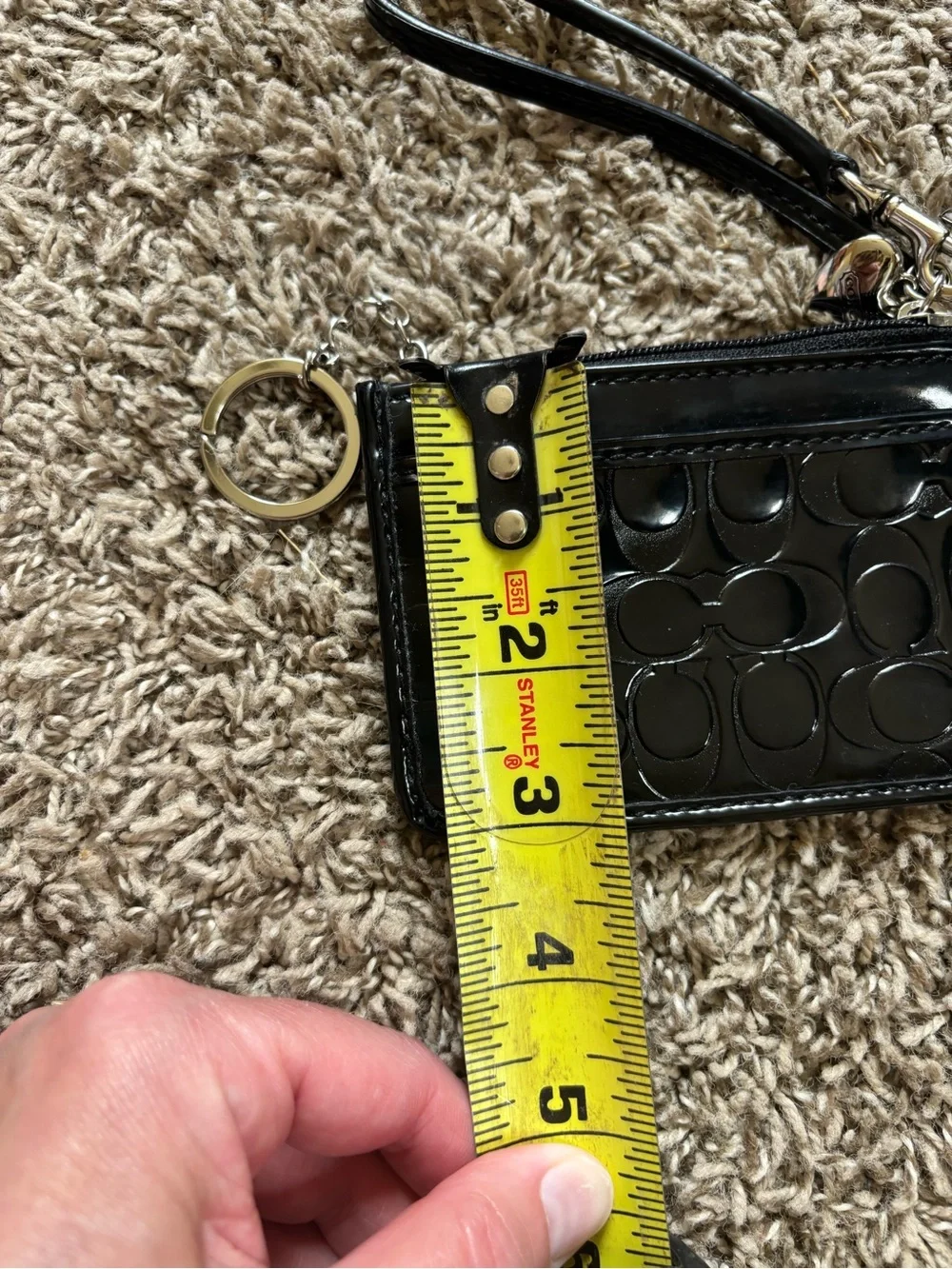 Coach Black Patent Logo Wristlet Card Case with Key Ring